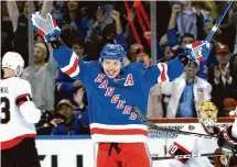  ?? Bruce Bennett/Getty Images ?? Rangers’ Artemi Panarin celebrates his goal against the Senators at Madison Square Garden on Monday.