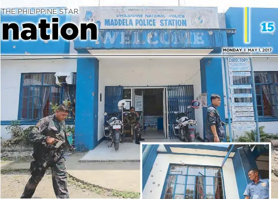  ?? MICHAEL VARCAS ?? Police officers guard the Maddela police station in Quirino province following an attack by at least 100 NPA guerrillas on Saturday night. Inset shows an officer inspecting the bullet holes on the wall of the facility.