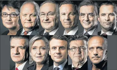  ?? Picture: AFP ?? IN THE RUNNING: File pictures of the eleven candidates approved to run for French president, from left to right, top to bottom, in alphabetic­al order: far-left Lutte Ouvriere (LO) party Nathalie Arthaud; Popular Republican Union (UPR) party Francois...