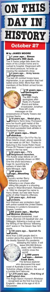  ??  ?? °The X Factor judge falls down the stairs of his London home and is rushed to hospital. Diagnosed with low blood pressure, he ends up missing the weekend’s show.°° °18 years ago… Medal glory.° ° ° ° °The Hollywood bombshell, inset below, divorces US baseball star Joe DiMaggio, following a bust-up over the filming of her famous “billowing skirt” scene in The Seven-Year Itch movie.°100 years ago… Spanish flu peaks.More than 2,000 people died in London alone this week in 1918 from the deadly Spanish Flu pandemic sweeping the nation. It will leave 250,000 Britons dead, with 100million victims cross the world!° °The Anglo-Saxon monarch Athelstan – recognised as the first true king of England – dies at the age of 45 in Gloucester.