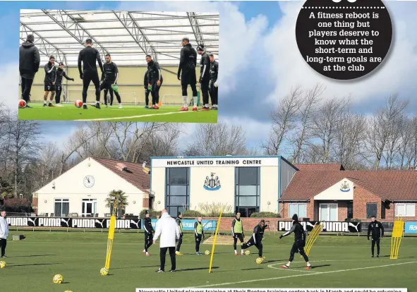  ??  ?? Newcastle United players training at their Benton training centre back in March and could be returning soon – but it will look and feel different. Below is a testing station that has been set up on the site