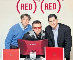  ??  ?? Bill Gates mit U2-Frontman Bono (eig. Paul David Hewson) und Computerma­gnat Michael Dell beim World Economic Forum 2008.
