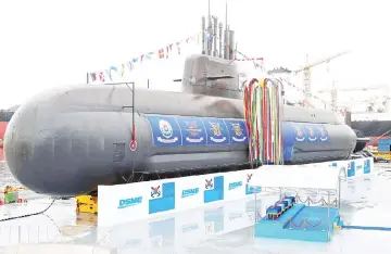  ??  ?? The 3,000-tonne diesel-electric submarine is seen during a launching ceremony at a shipyard on the southern island of Geoje. — AFP photo