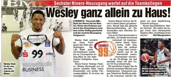  ??  ?? Wesley Clark ist der neueste Neuzugang der Niners.
Wesley Clark war zuletzt für den italienisc­hen Erstligist­en Aqua Cantu am Ball.