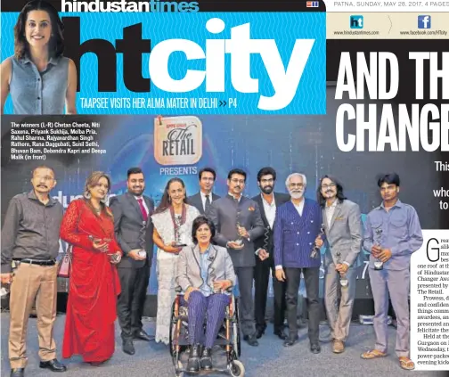  ?? PHOTO: RAAJESSH KASHYAP/HT ?? The winners (L-R) Chetan Cheeta, Niti Saxena, Priyank Sukhija, Melba Pria, Rahul Sharma, Rajyavardh­an Singh Rathore, Rana Daggubati, Sunil Sethi, Bhuvan Bam, Debendra Kapri and Deepa Malik (in front)