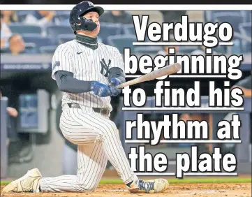  ?? N.Y. Post: Charles Wenzelberg ?? DEEP THOUGHTS: Alex Verdugo watches his solo home run — his first in The Bronx with the Yankees — during the first inning of the Yankees’ 3-2 win over the Marlins.