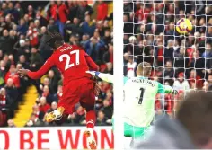  ?? — Reuters photo ?? Liverpool’s Divock Origi scores a goal uring the English Premier League football match between Liverpool and Everton at Anfield in Liverpool, north west England.