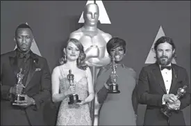  ?? EPA ?? Mahershala Ali (Actor in a Supporting Role for 'Moonlight'), Emma Stone (Actress in a Leading Role for 'La La Land'), Viola Davis (Actress in a Supporting Role for 'Fences') and Casey Affleck (Actor in a Leading Role for 'Manchester by the Sea') pose...