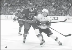  ?? The Canadian Press ?? Calgary Flames’ Noah Hanifin, right, and St. Louis Blues’ David Perron chase after a loose puck during the third period of an NHL hockey game in St. Louis on Nov. 21.