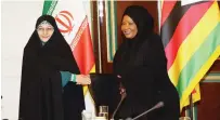  ?? Pictures: John Manzongo ?? First Lady Dr Auxillia Mnangagwa greetsIran­ian Vice President for Family and Women Affairs Dr Ensiyeh Khazali during her interactio­n with women in the private and public sector in T ehran, Iran recently.