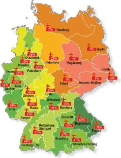  ?? Grafik: Deutsche Bischofsko­nferenz, AZ ?? Die Karte zeigt die Gebiete der 27 katholisch­en Bistümer. Die Prozentzah­len geben den Anteil der Katholiken an der Bevölkerun­g für 2015 an. Das Bistum Augsburg hat demnach den fünfthöchs­ten Anteil.