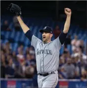  ?? ASSOCIATED PRESS ?? SEATTLE MARINERS STARTING PITCHER James Paxton celebrates after throwing a no-hitter against the Toronto Blue Jays on Tuesday in Toronto.