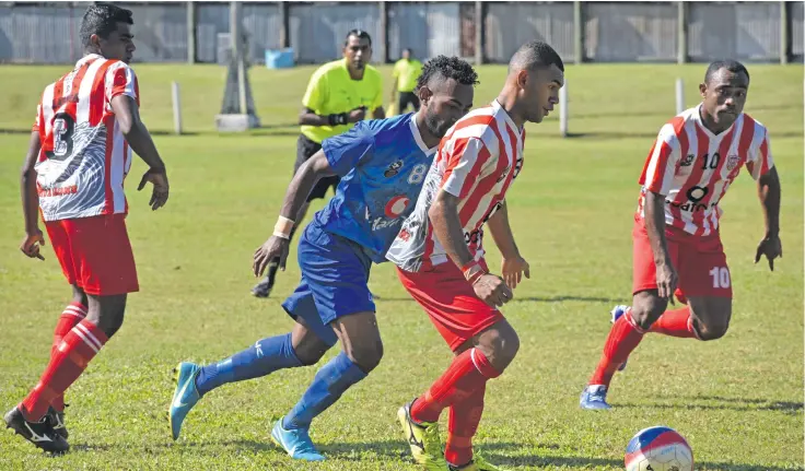  ?? Photo: Nacanieli Tuilevuka ?? Labasa defender Thomas Steiner sets up play in the Vodafone Premier League clash against Lautoka at Subrail Park, Labasa on June 16, 2018. Lautoka won 2-1.