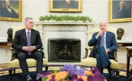  ?? AP ?? President Joe Biden, right, meets with House Speaker Kevin McCarthy late Monday for debt-limit talks at the White House.