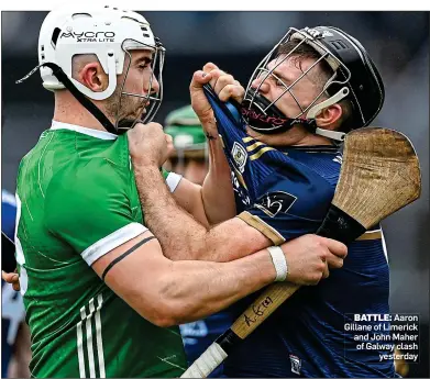  ?? ?? BATTLE: Aaron Gillane of Limerick and John Maher of Galway clash yesterday