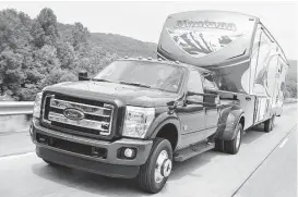  ??  ?? Towing capacities are increased across the board, with the F-350 fifth-wheel/ gooseneck towing raised from 23,200 pounds to 26,700 pounds; and the Gross Combined Weight Rating increased by 4,500 pounds to 35,000 pounds; the F-450 can tow up to 31,200...