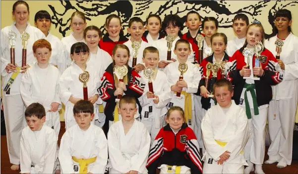  ??  ?? February 2003 - Members of the Golden Dragon Karate Club Blackrock who competed at the Kempo Open Championsh­ips held in Dublin. Included are Back row - Lisa Reynolds - Shereen Ni Dhomhnaill - Niamh Kirk - Hannah Mulpeter - Jamie Cronin - Caroline Lambe - Gemma Sharkey - Niall McEvoy - Catherine O’Reilly - Colin Wynne - Qusair Mohomad. Middle row - Ronan Mulholland - Katie Kerley - Shannon Bradley - Leah O’Hagan - Ciaran Lee - Brendan Marrett - Clara O’Reilly - Tracey Marrett Front row - Neill Mulholland - Patrick Kerley - Donal Lee - Jillian Mulpeter - Gavin Malone. Missing Colin Myles 3rd place Mens Under 85kilo