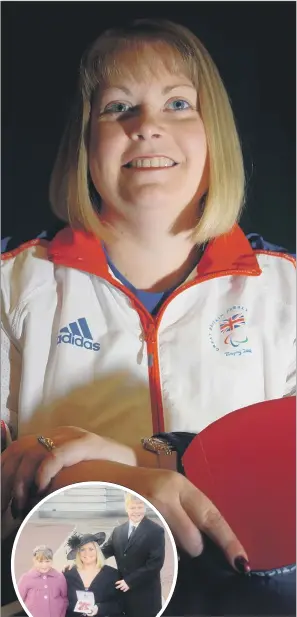  ??  ?? INSPIRATIO­N: Susan Gilroy flies out to Rio today to take part in her fifth Paralympic­s and is hoping to bring home a medal in the table tennis. Inset: Collecting her MBE in 2009 with children Ryan and Lauren.