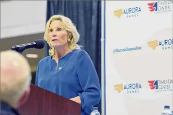  ?? Paul Buckowski / Times Union ?? Donna de Varona, Olympic gold medalist swimmer and sportscast­er, talks about the importance of women's sports during a news conference at Times Union Center in 2018.