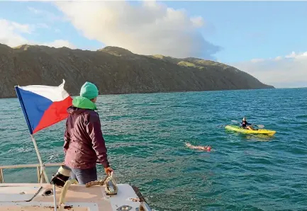  ?? PHOTO: SUPPLIED ?? Flying the flag for the Czech Republic, Abhejali Bernardova ticks Cook Strait off her swimming ‘to-do’ list.