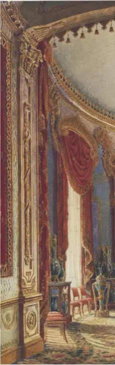  ??  ?? Fig 1: The Saloon at Brighton Pavilion, a watercolou­r painted by A. C. Pugin in about 1823– 4. Until the recent discoverie­s recorded in this article, this was the sole visual evidence for the silk used for the curtains, wall hangings and upholstery