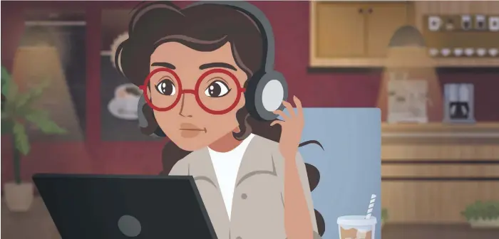  ??  ?? Above, a still from the Arabic animated series ‘B100Ragl’ follows the story of Noha, also left, a journalist frustrated about being stereotype­d by her boss