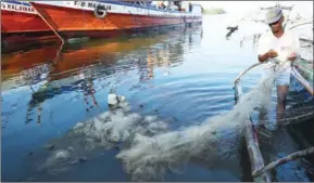  ?? TED ALJIBE/AFP ?? A fisherman fixes a net next to a fishing fleet at the port in Zambales province, the Philippine­s, on June 16.