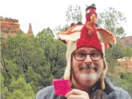  ?? Tribune News Service/los Angeles Times ?? The first wearing of the turkey hat shortly after its purchase in Sedona, Ariz., in November 2013. (The number 182 references the fact that it was the 182nd hat worn in the author’s personal challenge to wear a different hat every day for 500 days.)