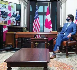  ?? AP ?? Joe Biden y Justin Trudeau tuvieron que hablar por videoconfe­rencia por la pandemia