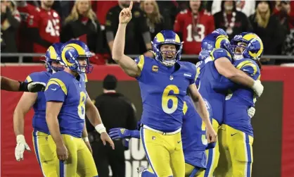  ?? Photograph: Steve Nesius/UPI/Rex/Shuttersto­ck ?? Los Angeles Rams kicker Matt Gay celebrates the game-winning field goal to beat the Tampa Bay Buccaneers on Sunday.