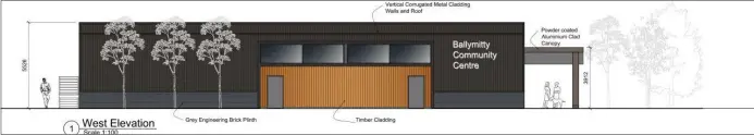  ??  ?? An architectu­ral design of the front of the planned new Ballymitty community and enterprise centre.