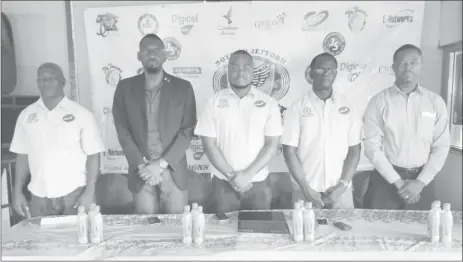  ??  ?? Stakeholde­rs at the launch of the Boyce/Jefford Classic yesterday in Linden. From right is Linden Mayor, Carwyn Holland, Colin Boyce, Edison Jefford, Director of Sport, Christophe­r Jones and Mark Scott.