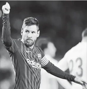  ?? DAVID RAMOS GETTY IMAGES ?? Lionel Messi’s 400th Spanish league goal helped Barcelona defeat Eibar on Sunday. It was also Messi’s league-leading 17th league goal and his 23rd goal overall this season.
