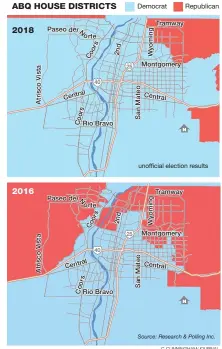  ?? C. CUNNINGHAM/JOURNAL ?? These maps demonstrat­e the change in voting trends in Albuquerqu­e in just two years. The 2016 map shows a sizable area where Republican­s won seats in the state House. The 2018 map shows how that area shrank as Democrats picked up many more seats.