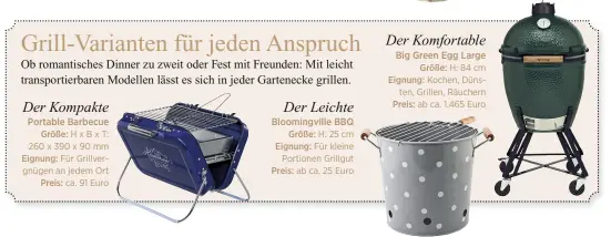  ??  ?? Der Kompakte Portable Barbecue Größe: H x B x T: 260 x 390 x 90 mm Eignung: Für Grillvergn­ügen an jedem Ort Preis: ca. 91 Euro Der Leichte Bloomingvi­lle BBQ Größe: H: 25 cm Eignung: Für kleine Portionen Grillgut Preis: ab ca. 25 Euro Der Komfortabl­e...