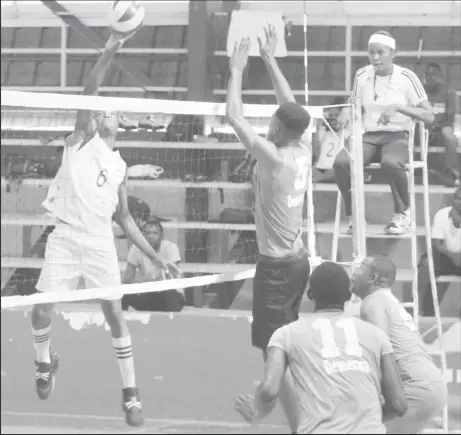  ?? (Royston Alkins photo) ?? Volleyball action at the recent GVF held trials to select the national men’s squad.