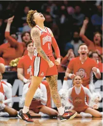  ?? STEPH CHAMBERS/ GETTY IMAGES ?? Ohio State guard Rikki Harris screams after making a basket and getting fouled in the fourth quarter against UConn in a Sweet 16 game Saturday in Seattle.