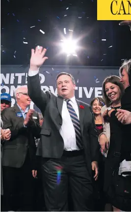  ?? GAVIN YOUNG / POSTMEDIA ?? Jason Kenney celebrates after being elected leader of the UCP on the weekend. Alberta Premier Rachel Notley has attacked his position on social issues such as gay marriage.