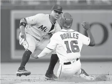  ?? PATRICK SEMANSKY/AP ?? Marlins second baseman Starlin Castro gets ready to tag out the Nationals’ Victor Robles as he attempts to steal second base in the sixth inning Wednesday night in Washington.