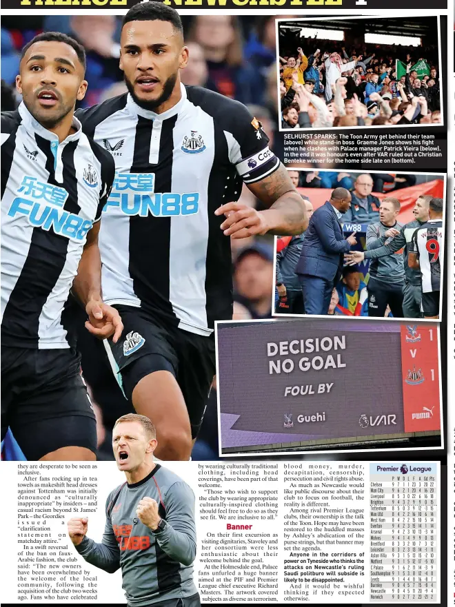  ?? ?? SELHURST SPARKS: The Toon Army get behind their team (above) while stand-in boss Graeme Jones shows his fight when he clashes with Palace manager Patrick Vieira (below). In the end it was honours even after VAR ruled out a Christian Benteke winner for the home side late on (bottom).