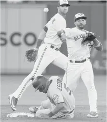  ?? FRED THORNHILL, THE CANADIAN PRESS ?? Blue Jays shortstop Devon Travis forces out Twins base runner Eduardo Escobar en route to a double play on Monday in Toronto.