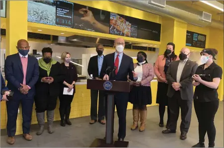  ?? RACHEL RAVINA — MEDIANEWS GROUP ?? Gov. Tom Wolf addresses reporters Feb. 24at &Pizza’s Willow Grove location, at 2500W. Moreland Road, stressing the importance of raising the minimum wage in Pennsylvan­ia.