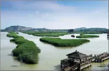  ?? YANG LEI / XINHUA ?? Right: An aerial view of the wetland park near Taihu Lake in Suzhou, Jiangsu province.