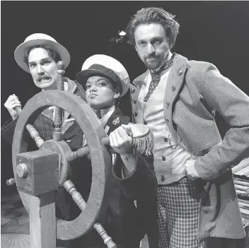  ?? JEFF DEDEKKER ?? Jeff Irving, left, Crystal Chaitan and Stephen Gartner star in Globe Theatre’s Around the World in 80 Days. The three actors take on the roles of 22 different characters in this play set in the 19th century.
