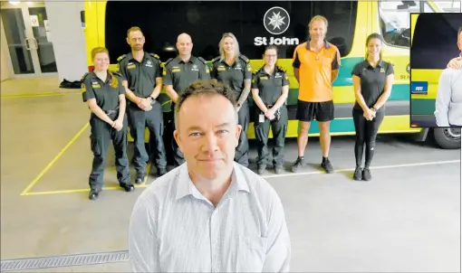  ?? PHOTOS / GEORGE NOVAK ?? Cardiac arrest survivor Peter Hall (front) with Rhianne Overell, Simon Thompson, Reuben Merrett, Cassie Wallace, Abbey Heagren, Brian Rickey, and Dunia Mouneimne.