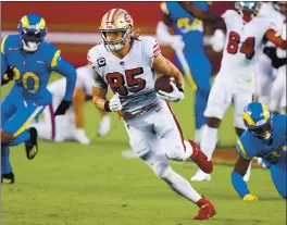  ?? RANDY VAZQUEZ — STAFF PHOTOGRAPH­ER ?? 49ers All-Pro tight end George Kittle will reportedly be out eight weeks after fracturing a foot Sunday against the Seahawks, Kittle has 37catches, two for touchdowns, this season.