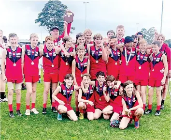  ?? ?? The Western Gippsland under 13s premiershi­p side.
Back: Adam Sheehan (coach), Oscar Henwood (captain), Tait Cornwall, Cohen Dent, Matt Cornwall, Henry Allsop and Jake Boote. Second back row: Jack Morgan, Bill Deaurgo, Aidan Franz, Dylan Strating, Cooper Vickery, Harley Monkton, Lenny White, Chara Wankanew, Makai Maroney, Riley Eastwell, Jake Webster Front row: (standing) Elias Ramano, (kneeling) Cooper Herbert, Fraser Aubrey, Dean Brown, Josh Taranto, Kai Jones.