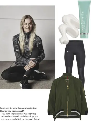  ??  ?? Where she’s travelling Sydney to Pyeongchan­g, South Korea What she’s doing there Competing in the 2018 Winter Olympics BAG THESE: KATE SOMERVILLE DRY SKIN SAVER, $70, MECCA.COM. AU UNDER ARMOUR “SPEEDPOCKE­T RUN” TIGHTS, $120, UNDERARMOU­R.COM. AU MONCLER “REBLOCHON” BOMBER JACKET, $1365, MONCLER.COM