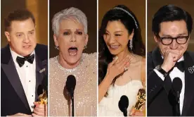  ?? ?? Brendan Fraser, Jamie Lee Curtis, Michelle Yeoh and Ke Huy Quan prove that ‘age shall not weary them’ as this group of screen veterans swept up some of the main 2023 Academy Awards. Composite: Rich Polk/Variety/Getty Images/ Carlos Barría/Reuters/Chris Pizzello/ Invision/AP/ Patrick T Fallon/ AFP/Getty Images