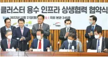  ?? Yonhap ?? SK hynix co-CEO Kwak Noh-jung, front row second from right, signs an agreement to cooperate in creating a semiconduc­tor industrial complex with Yeoju Mayor Lee Choong-woo, front row third from right, at the National Assembly in Seoul, Monday.